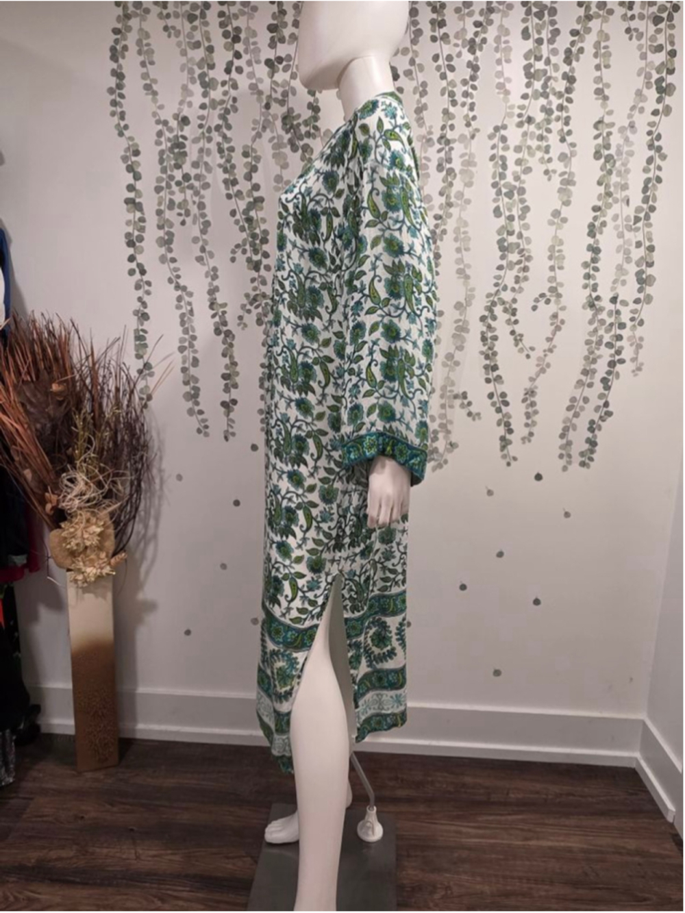 Raj Floral Duster Kimono One Size Green Blue Paisley Boho Lightweight - Picture 5 of 7